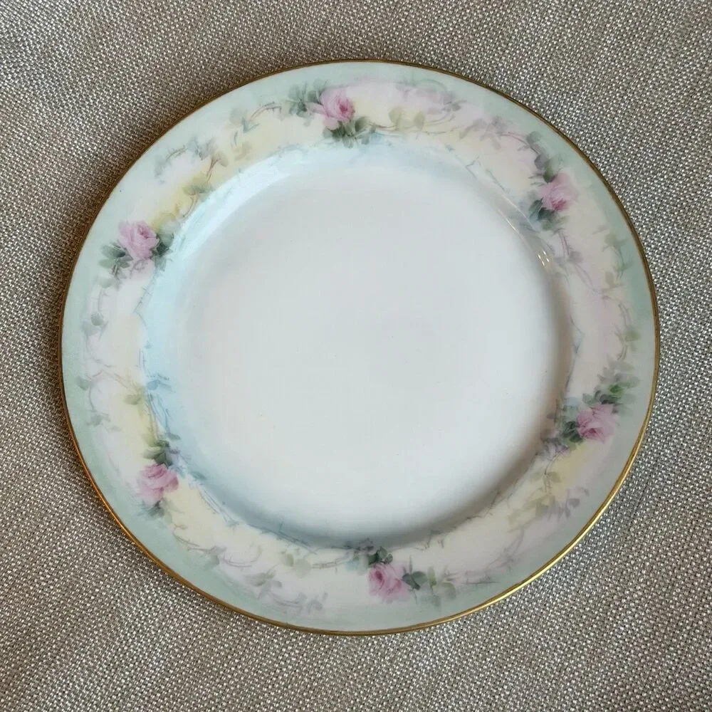 Set Of 2 Antique Limoges France Hand Painted Pink Roses Floral Blue Gold 7 1/2”